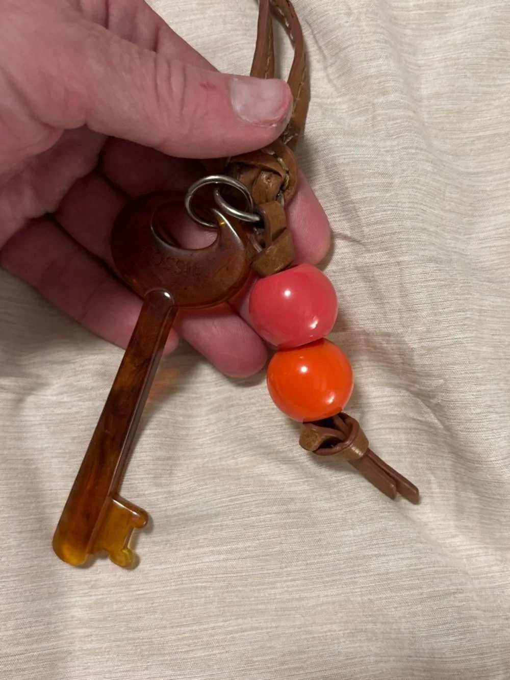 Fossil Brown Leather Bag Charm with Key and Beads